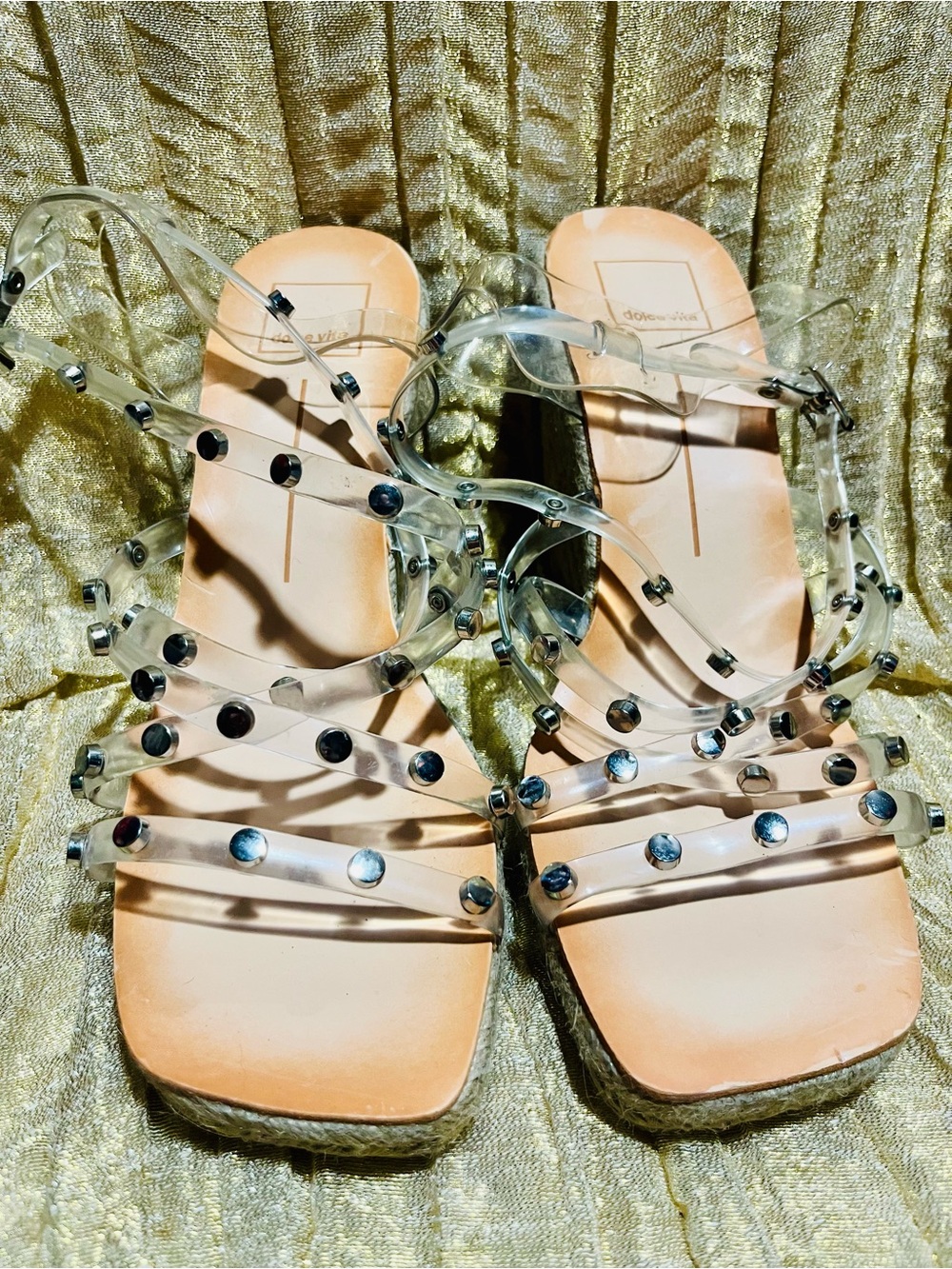 Dolce Vita Clear Studded Wedge Sandals with Nude Footbed